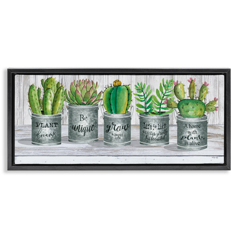 "Succulents with Plant Life Puns", art mural encadré par Cindy Jacobs, Cadre flottant noir de jais, H 11 po x l 25 po