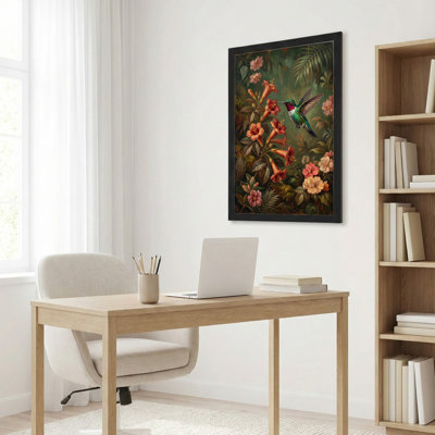 Art mural sur toile noir encadré pour le salon, la chambre à coucher, le bureau ou le vestibule - Décoration murale décorative avec fleurs de colibri