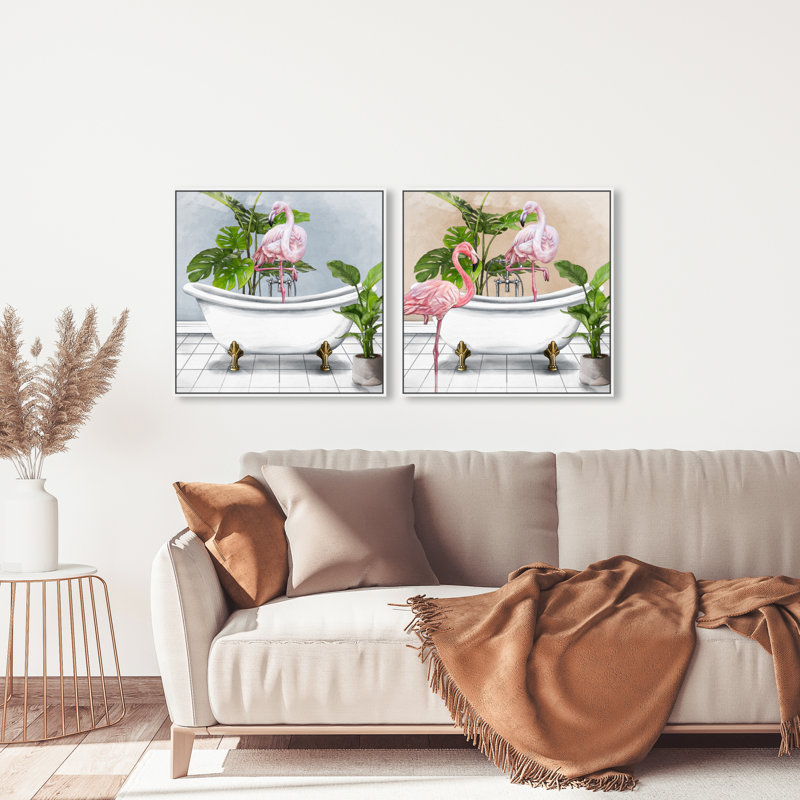 «Bathaign Flamingo», ensemble de 2 impressions, H 25 po x l 50 po, Toile avec cadre blanc