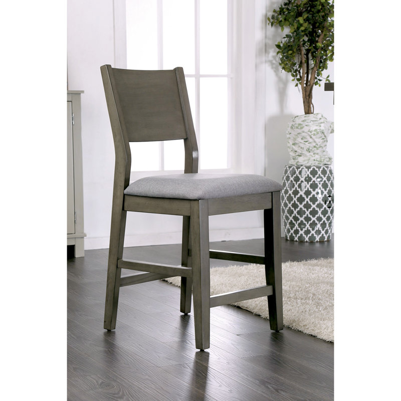 Chaises de salle à manger à hauteur de comptoir contemporaines en bois d'hévéa gris avec sièges rembourrés en tissu en A de 2 pour cuisine à panneau arrière