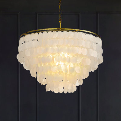 Addieville 6-Light Unique/Statement Coastal Natural Round Capiz Shell Chandelier in Antique Gold