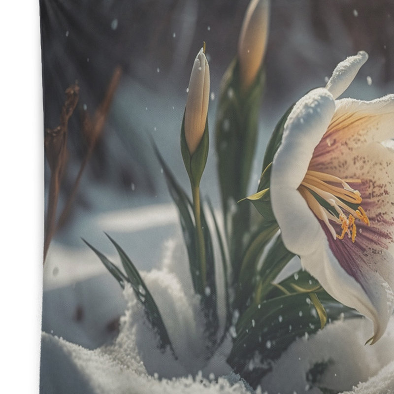 Une fleur de lys mauve et blanche en hiver III - Tapisserie murale florale et botanique, H 32 po x l 39 po