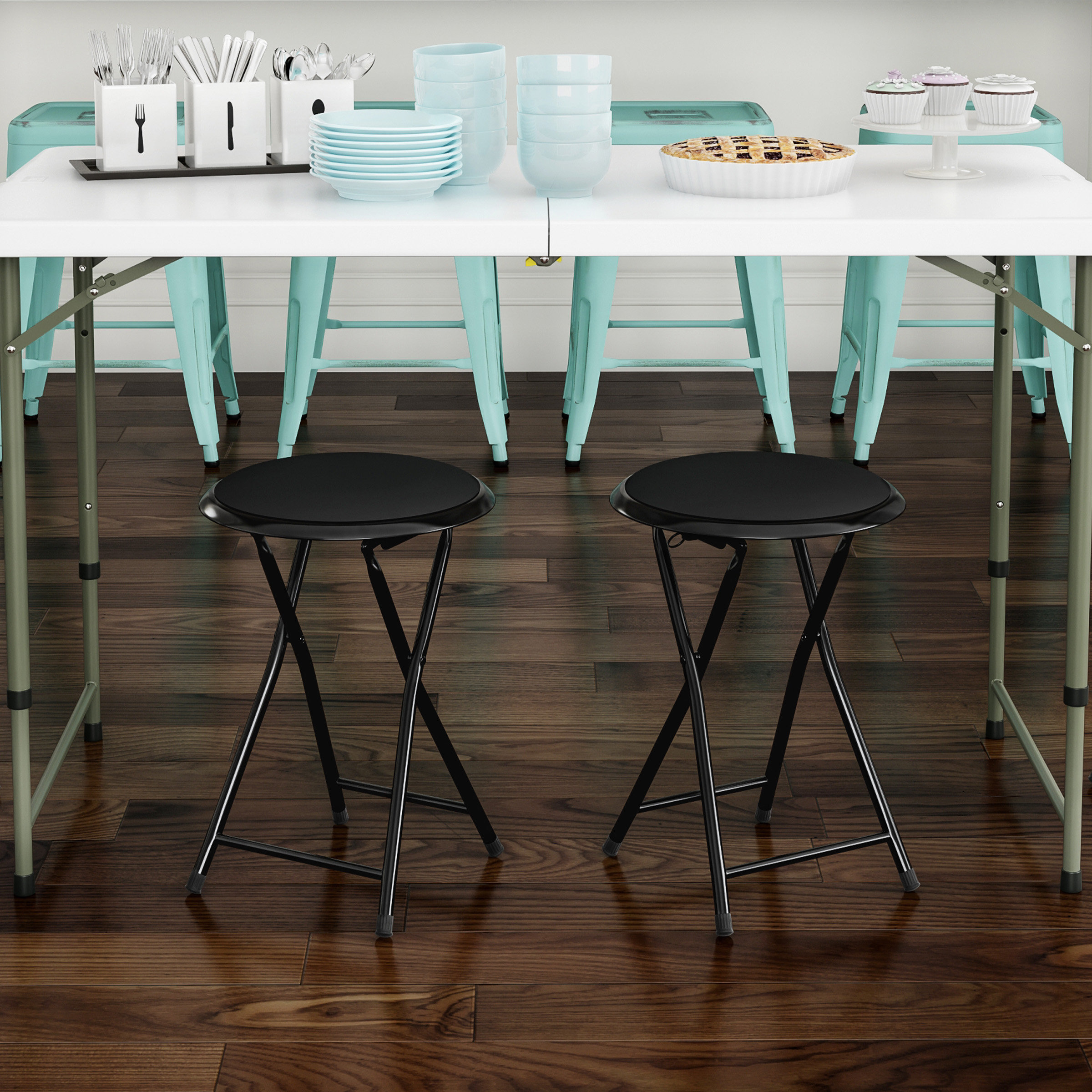 18-Inch Folding Stool With Cushioned Seat - Portable Beige Bar Stool 330lb Capacity