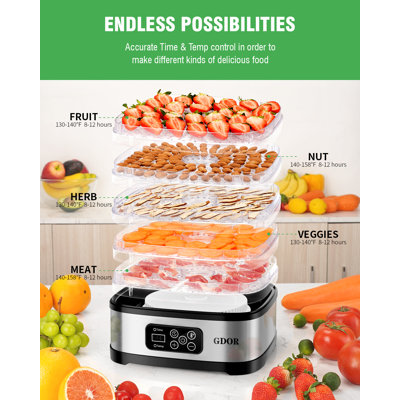 Le déshydrateur alimentaire comprend un écran en filet, des feuilles de rouleau de fruits, des recettes, un déshydrateur GDOR à 5 plateaux avec contrôle de la température et une minuterie 72H et un affichage à DEL, pour Jerky, Fruit, Veggie, Dog Delect, sans BPA.