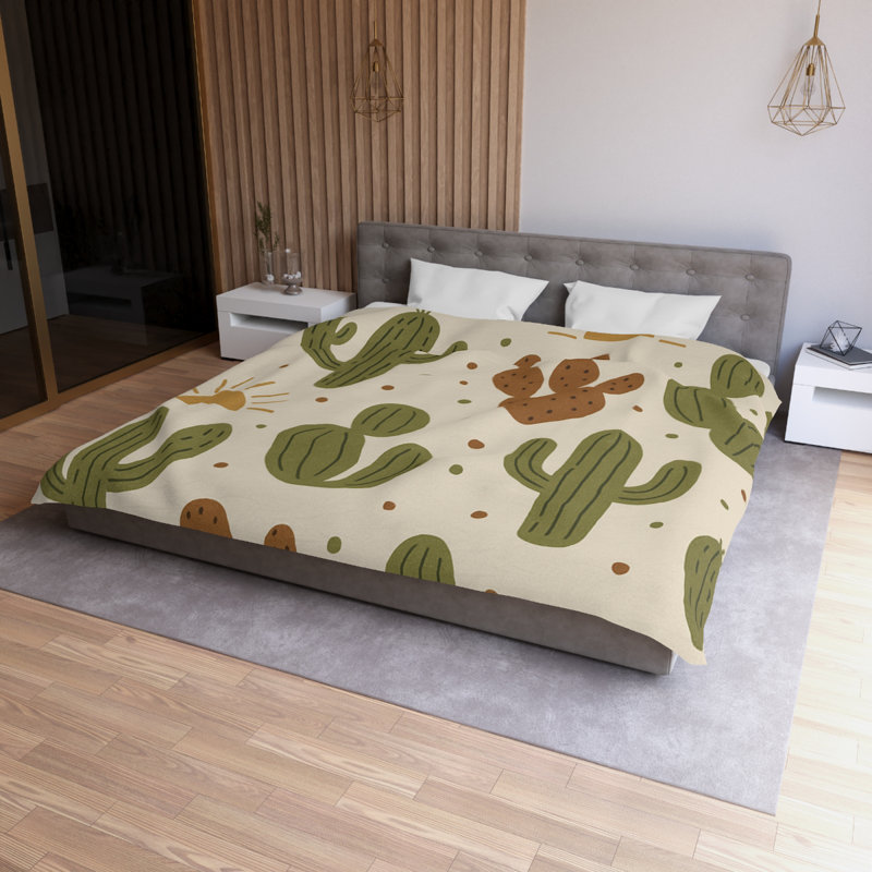 Microfiber Duvet Cover Boho Style, Design 19, King Duvet Cover, Green/Brown/White