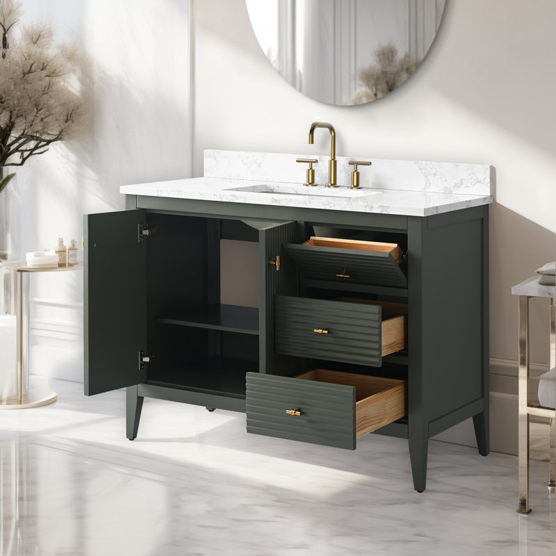 Ensemble de meuble-lavabo autoportant à simple cuve 42 po avec plateau en marbre Lavallon, Doré brossé, Linéaire vert rétro