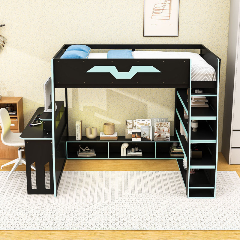 Lit mezzanine double en bois avec bureau, console de jeu et lumières RVB, Bleu nuage