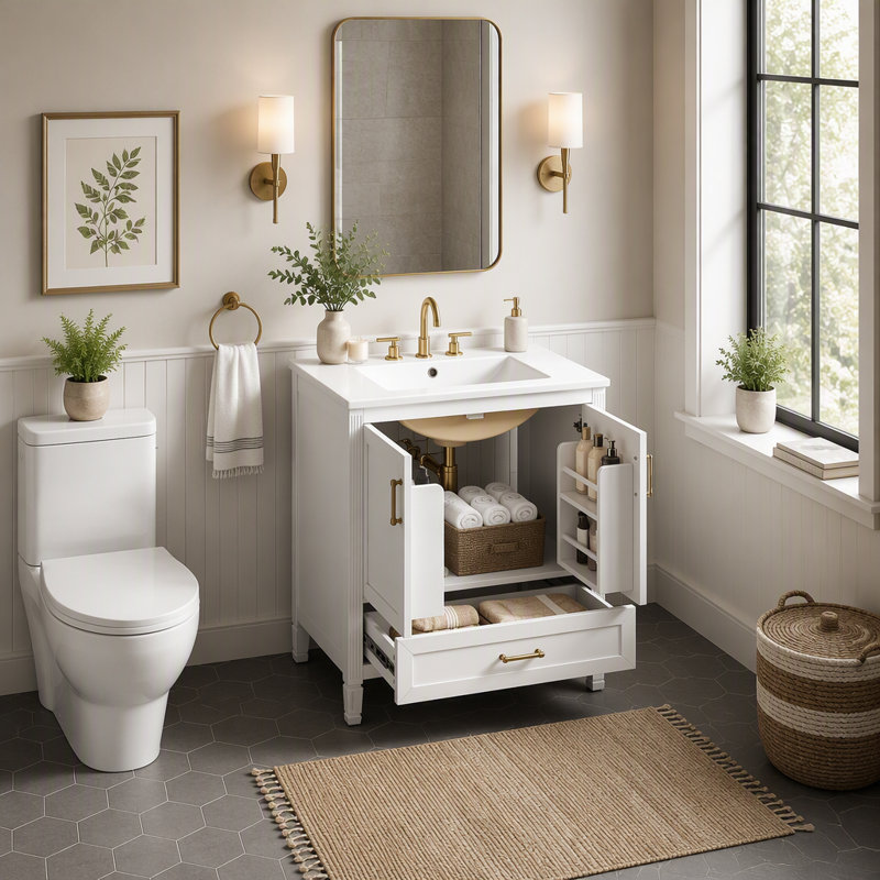 Meuble-lavabo cannelé élégant 30 po avec lavabo en céramique, boîte simple, pieds en bois massif, portes et tiroir à fermeture en douceur, tablette de porte, blanc