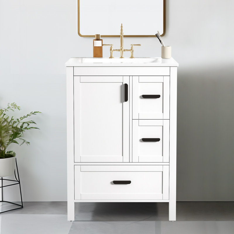 Meuble-lavabo 24 po avec lavabo en céramique, tablette de porte double couche et 3 tiroirs, Blanc