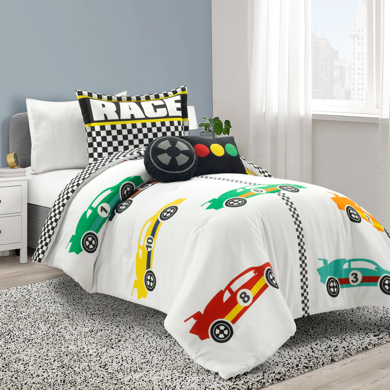 White Microfiber Twin Racing Cars Reversible Comforter Set