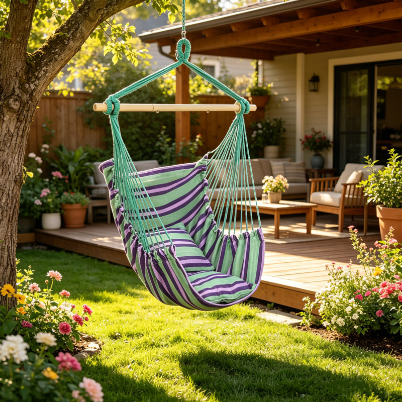 Chaise suspendue à rayures vertes en coton 130x100cm avec 2 coussins