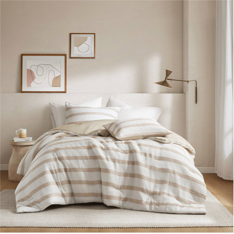 Édredon 3 pièces à rayures teintes en fil, Rayure taupe, Édredon grand et 2 taies d'oreiller