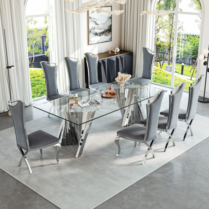 8 - Person Glass Top Double Pedestal Dining Set, Gray Silver, Silver