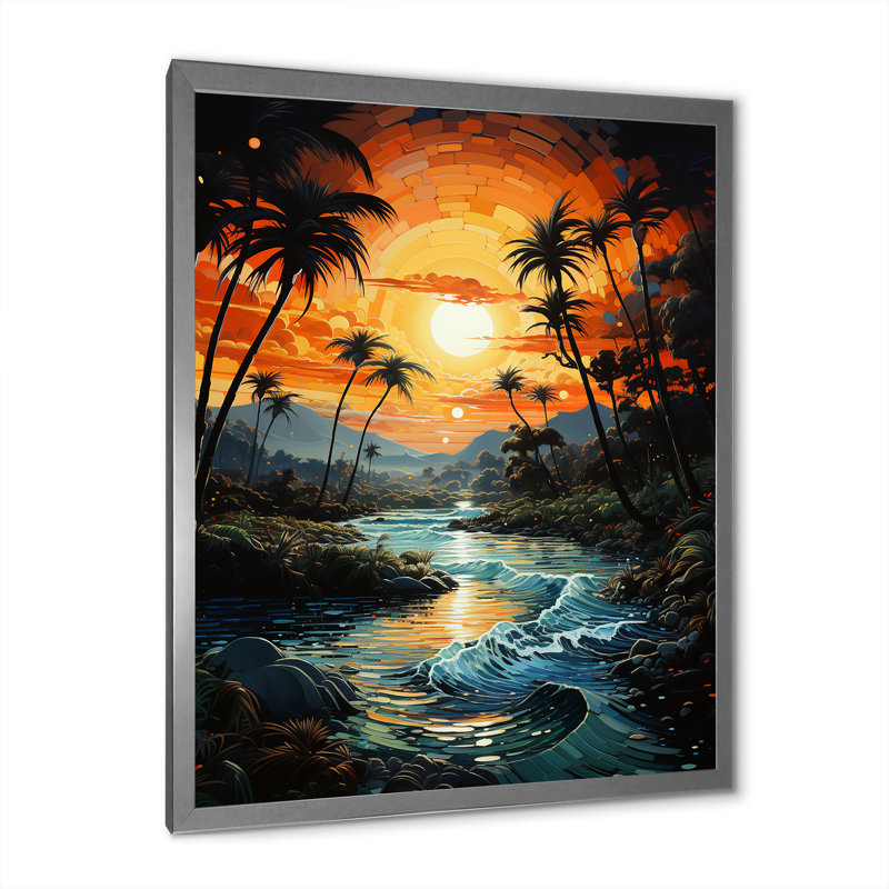 «Saudres Palm Trees Sunrise IV», reproduction sur toile, H 32 po x l 24 po x P 1 po, Cadre photo argenté