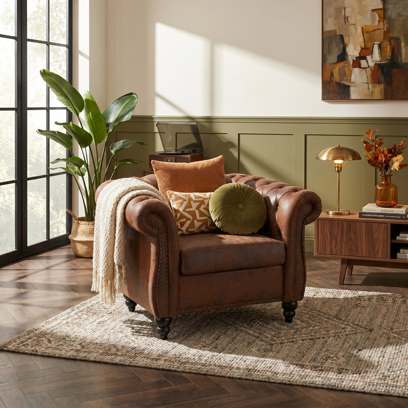 Canapé d'appoint 38,98 po, fauteuil club en suède bronzé avec capitonnage à boutons profonds, pieds en bois de bouleau massif, revêtement résistant aux taches, fauteuil compact pour le salon