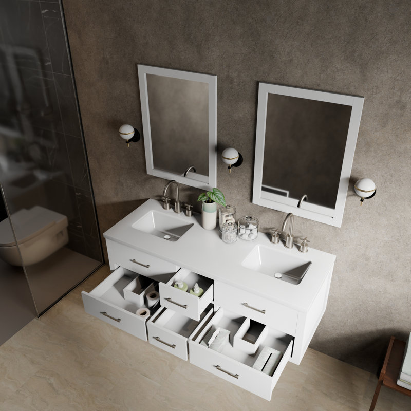 60" Wall-Mounted Double Bathroom Vanity Set, White, White Quartz