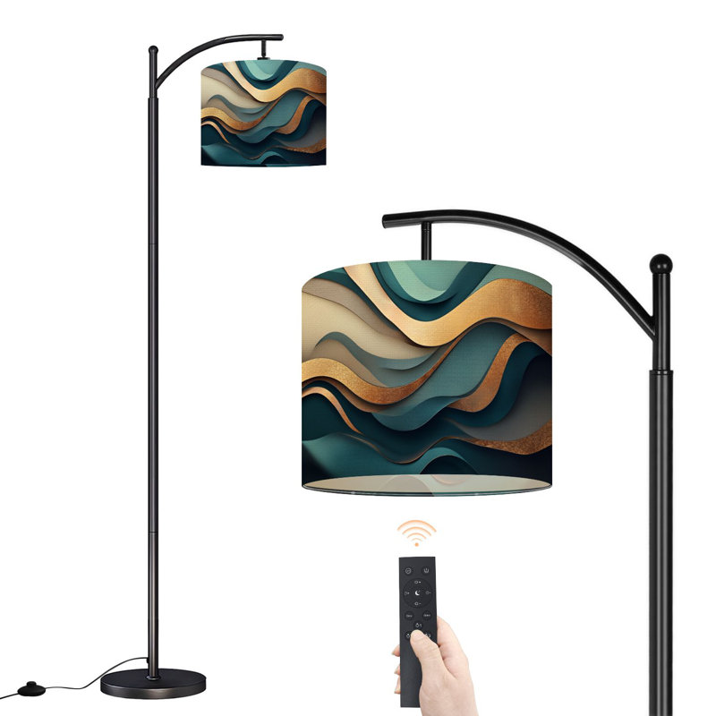 Lampe sur pied à arc avec abat-jour réglable Abat-jour abstrait à vagues superposées bleu sarcelle lampe sur pied dorée 3 températures de couleur à intensité variable pour poteau haut avec interrupteur au pied pour la chambre à coucher