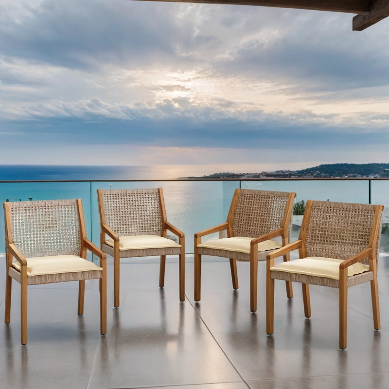 Acacia Wood & Wicker Outdoor Dining Chairs with Cream Cushions - 400-lb Capacity (Set of 4)