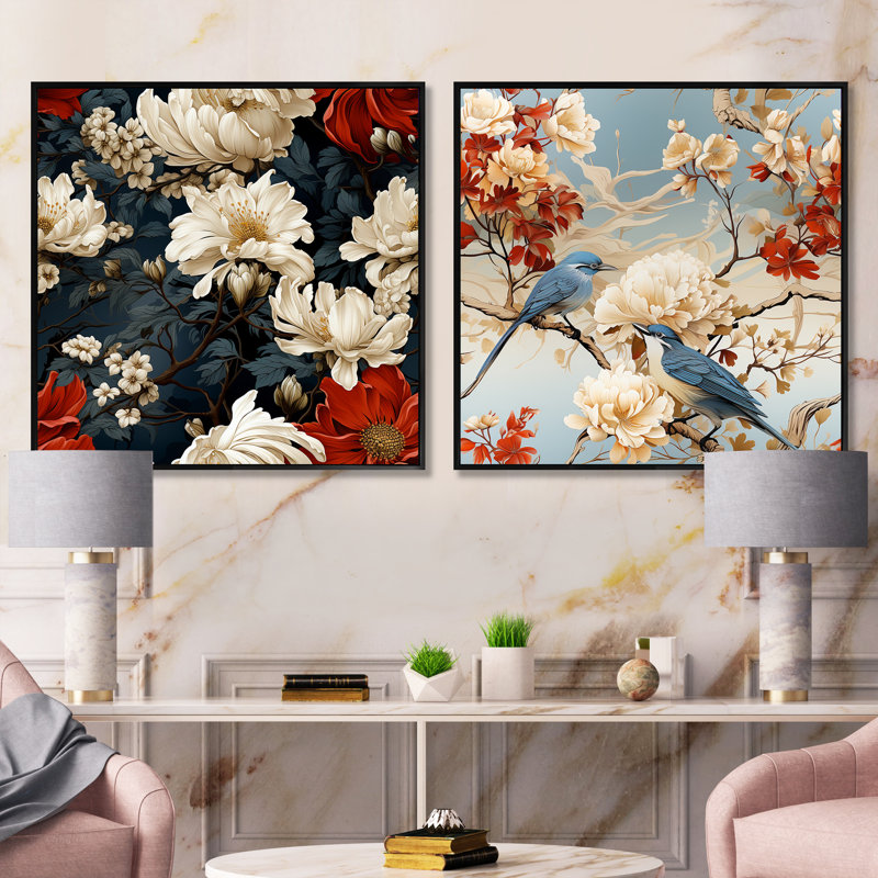 Wetherby - Ensemble de 2 collages floraux carrés, Cadre flottant noir, H 16 po x l 33 po