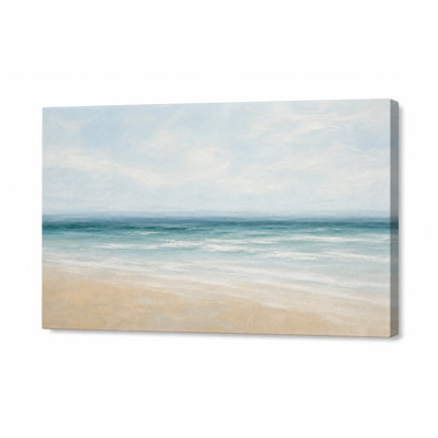 Soft Blue Ocean Horizon Canvas Wall Art, Beige Coastal Seascape Painting, Modern Wrapped Canvas Decor