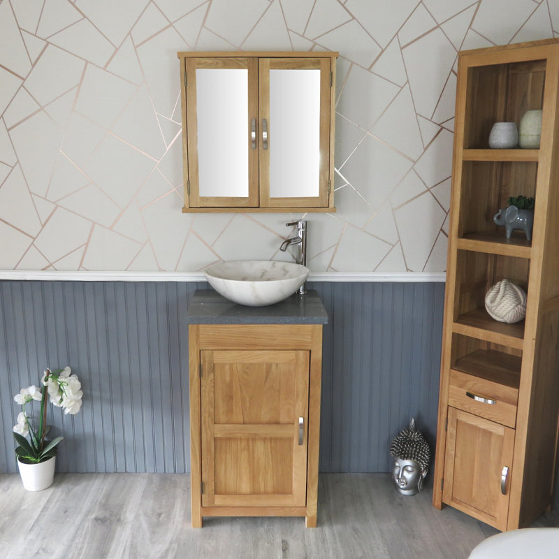 Scroggins 515mm Single Bathroom Vanity with Vessel Stone Basin, Oak, Grey Quartz