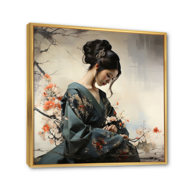 «Asian Art Geishas Grace», reproduction d'art sur toile asiatique, H 36 po x l 36 po x P 1,5 po, Cadre flottant doré