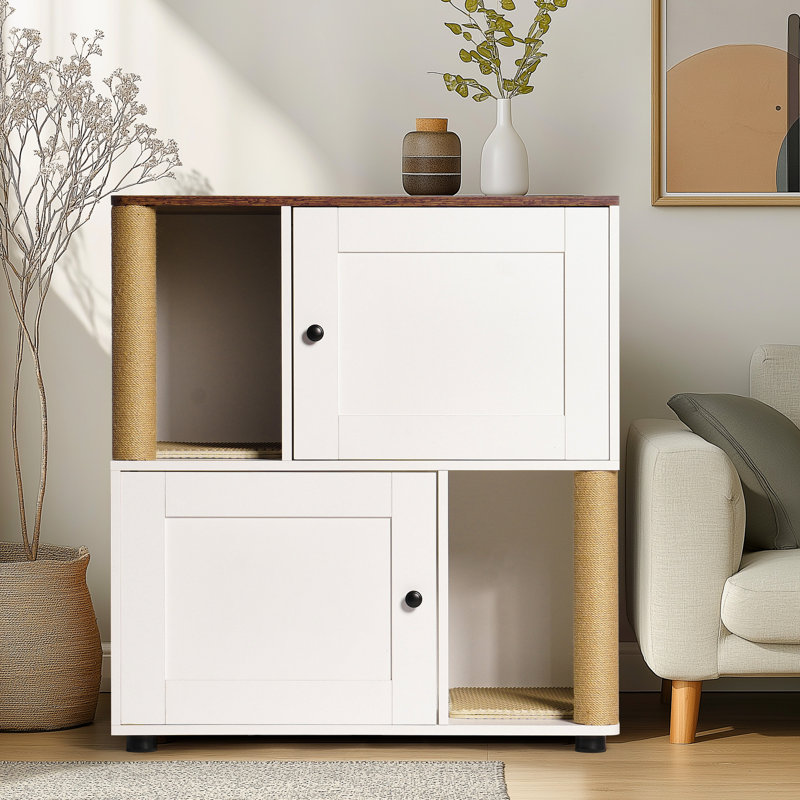 Enceinte de litière double pour chat en blanc et style rétro, pour deux félins, étagère, convient à plusieurs tailles de bacs, mode d'économie d'espace de couche, trait de grattage, tapis anti-fuites, panneau de particules,