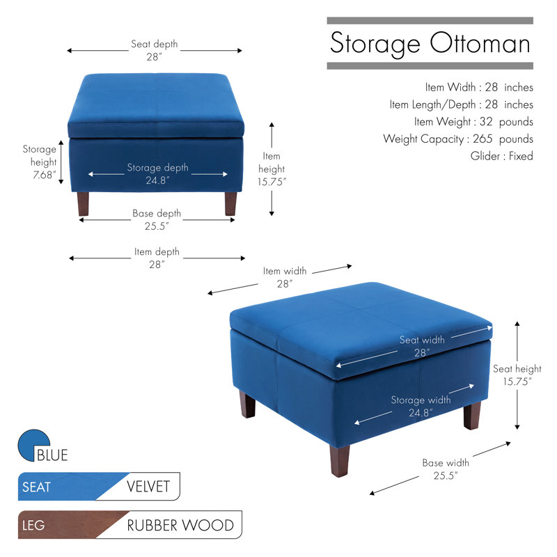 Amariauna Storage Ottoman with Wooden Legs, Blue Velvet