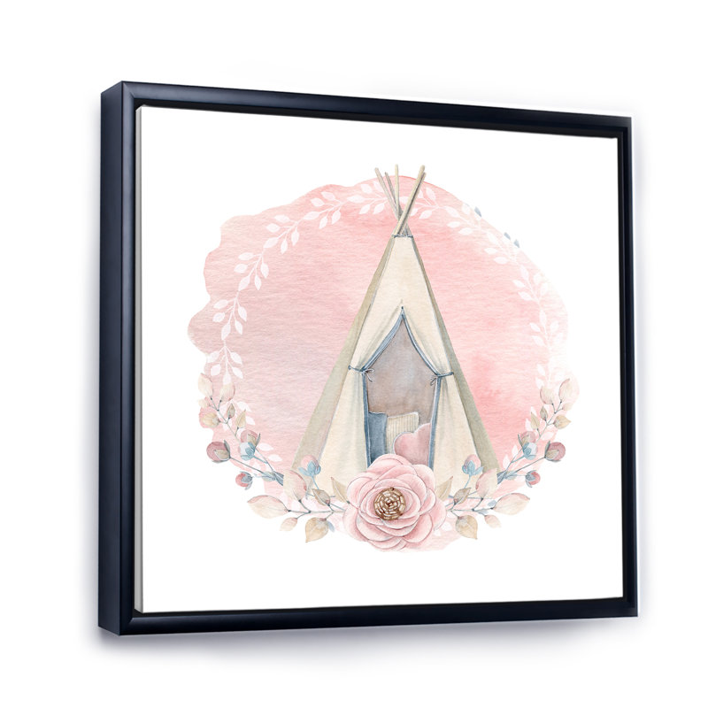 Kids Boho Wigwam en rose - peinture sur toile, Cadre noir, H 37 po x l 37 po x P 1,5 po