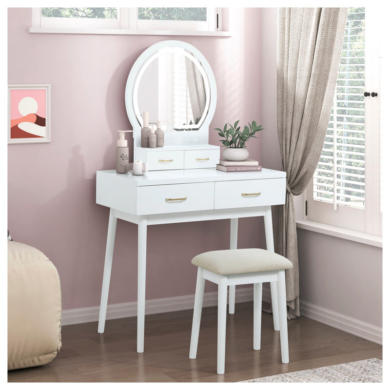 Magnifique commode de meuble-lavabo à finition blanche avec miroir et tabouret avec tiroirs de rangement