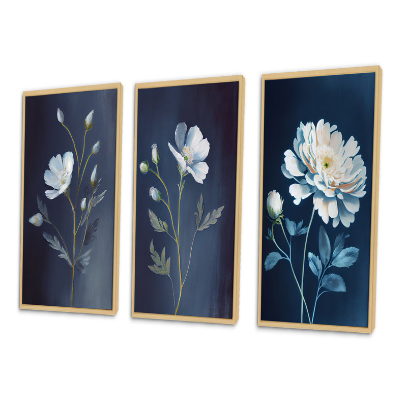 Ensemble de 3 fleurs blanches simples sur fond bleu rétro, H 28 po x l 36 po, Cadre naturel flottant