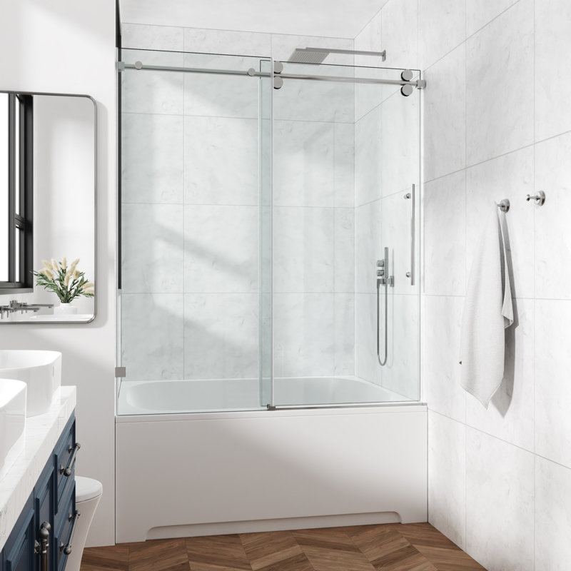 50-55" W X 60" H Frameless Single Sliding Shower Tub Door with 3/8" (10mm) Clear Tempered Glass, Shatter-Resistant Film & Installation Hole Locator - Round Top Rail