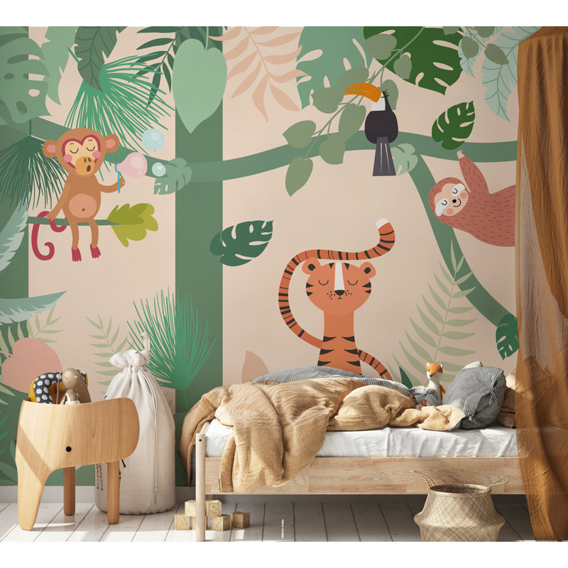 Green Watercolor Trees And Butterflies Removable Textile Wallpaper, 49”L x 75”W