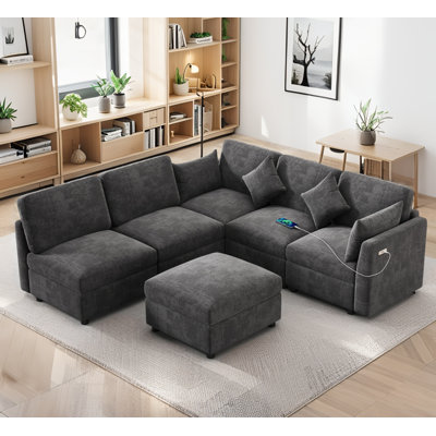 Canapé modulaire 85,4 "en U / L avec repose-pieds mobile, 2 ports USB et 2 coussins décoratifs