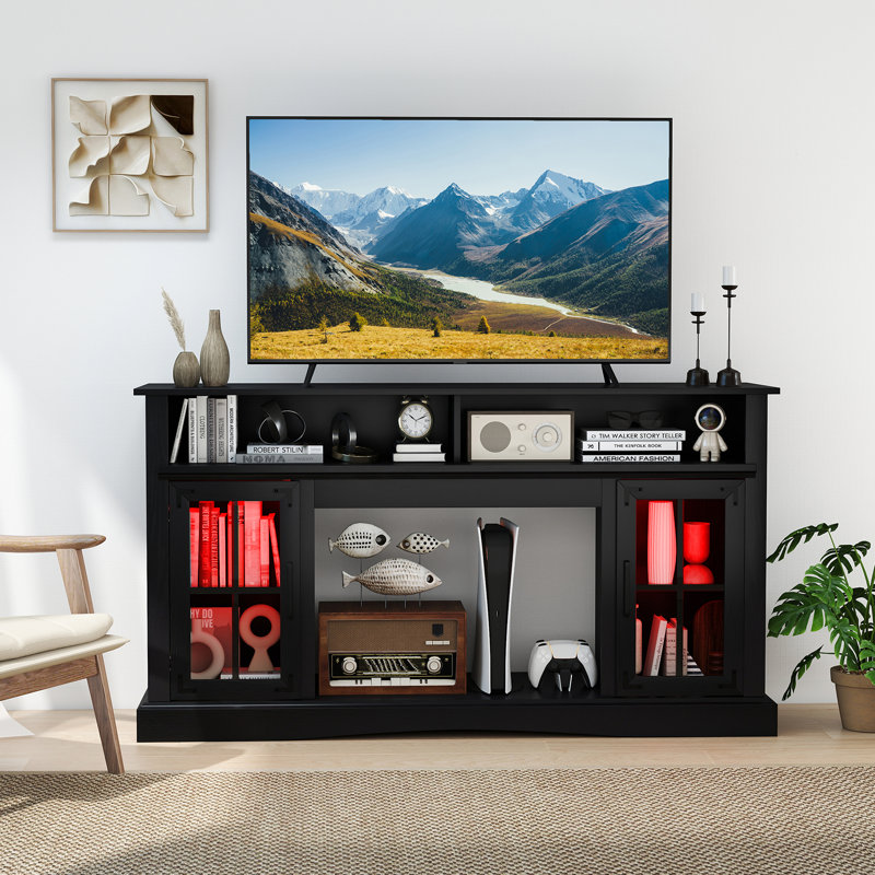 Meuble télé avec lumières DEL, armoires de rangement télécommandées et tablettes réglables, Noir