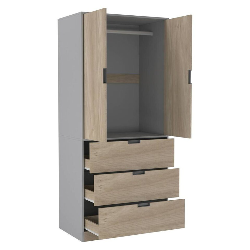 Stephy Solid Wood Wardrobe, Gray/Oak