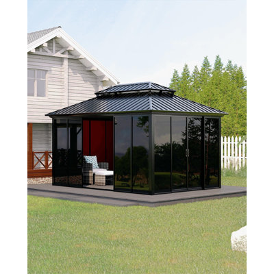 Pavillon de jardin avec toit rigide - Villa fermée toutes saisons 10 x 14 pi, structure en cèdre robuste, murs en acrylique transparent, toit en métal double, portes coulissantes, pour patio, terrasse, cour (noir + gris)