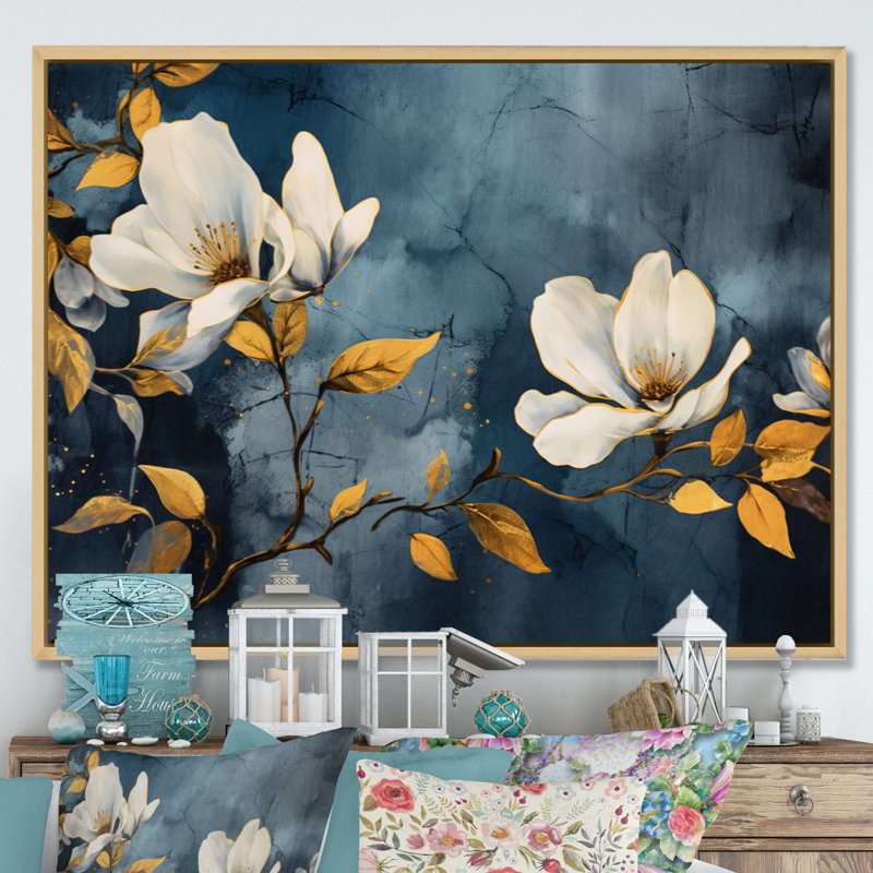 Jaune, gris, magnolia, nature, élégance II, H 34 po x l 44 po x P 1,5 po, Cadre naturel flottant
