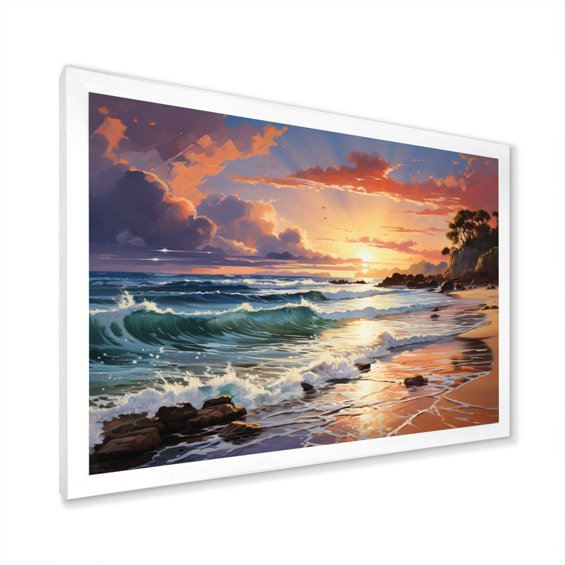 Plage, plage, coucher de soleil, plage, plage, sable, art mural, Cadre simple blanc, H 34 po x l 44 po x P 1,5 po
