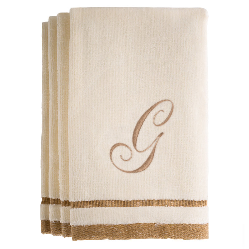  Monogrammed 4 Piece 100% Cotton Fingertip Towel Set, G, Ivory