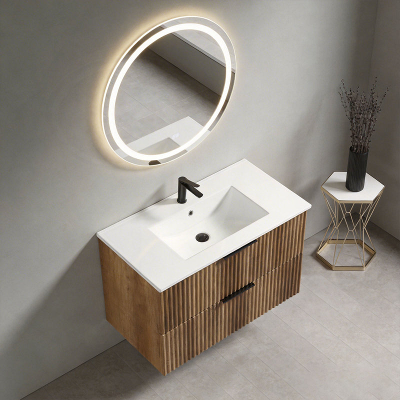 36" Wall-Mounted Bathroom Vanity With 3D Fluted Panel & Ceramic Integrated Sink