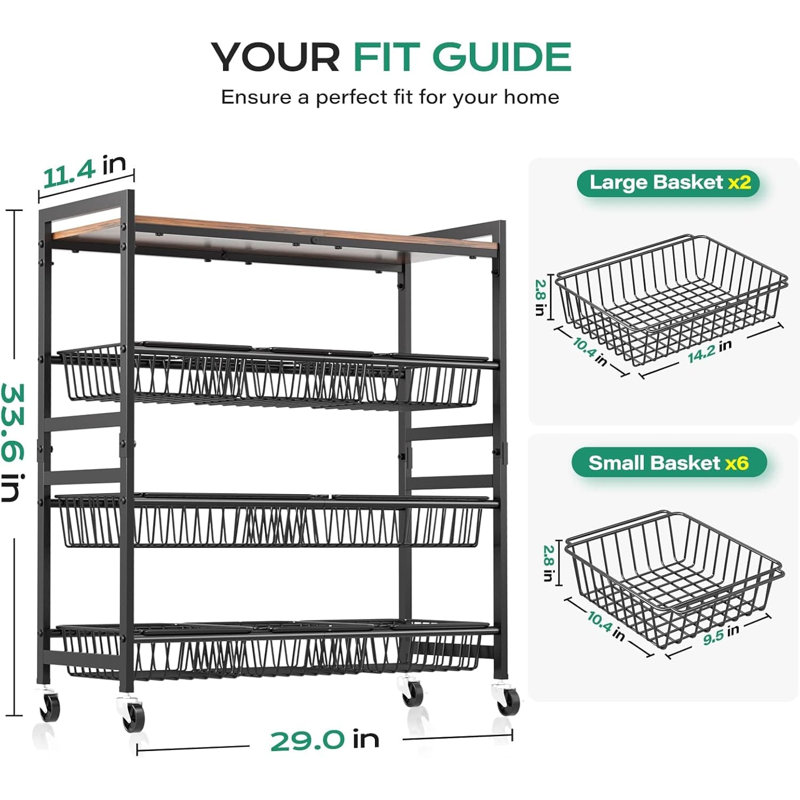 Chariot de cuisine à quatre niveaux avec plateau en bois et paniers amovibles, chariot de rangement roulant en métal avec tablettes réglables et roulettes verrouillables pour le garde-manger, le goûter et l'organisation des fruits