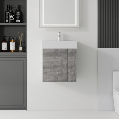 Meuble-lavabo suspendu de 55 cm (21,6 po), armoire murale en contreplaqué avec lavabo en céramique et portes à fermeture en douceur pour petites salles de bain