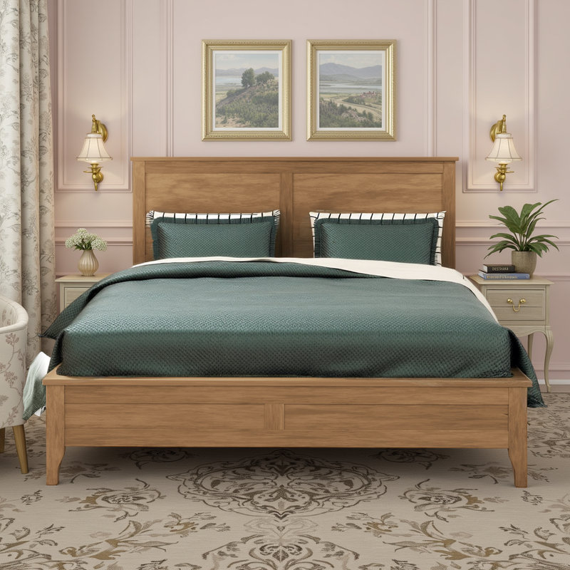 Afore Wooden Platform Bed Frame with Headboard, Solid Pine Construction, Queen, Brown