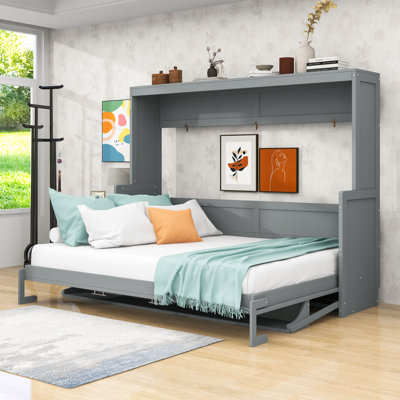 Lit escamotable en bois avec tablettes