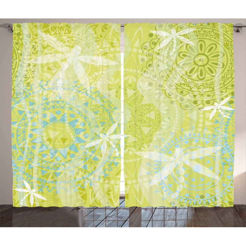 84" Avocado Green Polyester Dragonfly Mandala Curtains