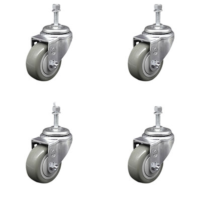 3.5 Inch SS Polyurethane Wheel Swivel 3/8 Inch Threaded Stem Caster Set