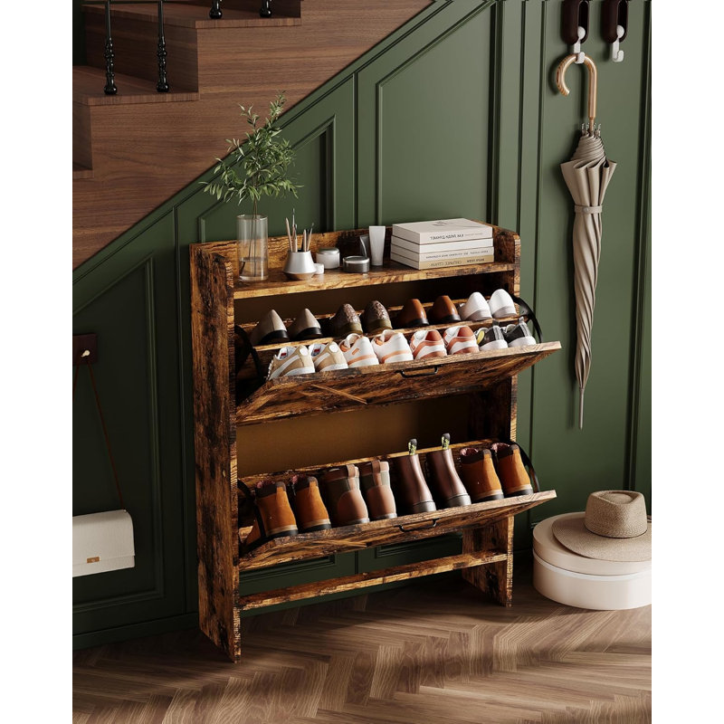 Shoe Storage Organizer with 2 Flip Drawers, Farmhouse Shoe Cabinet, Brown