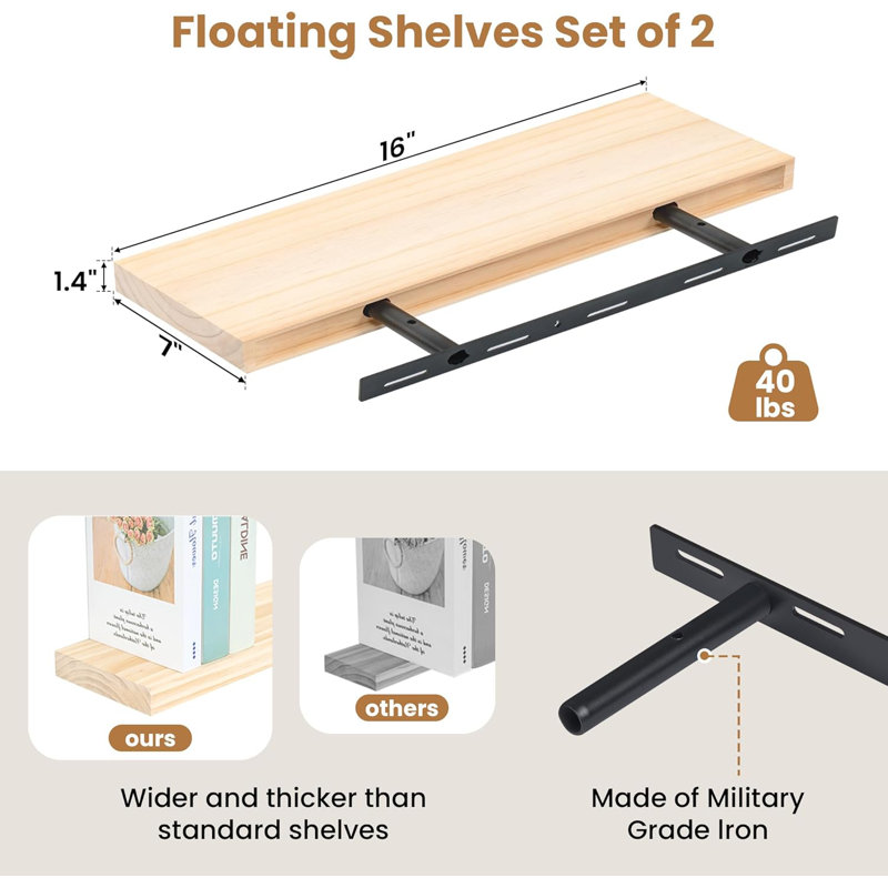 Rustic Solid Pine Wood Floating Shelves, Wall-Mounted Shelf Set Of 2 For Storage And Decor, 16"W X 7"D, Natural Unfinished
