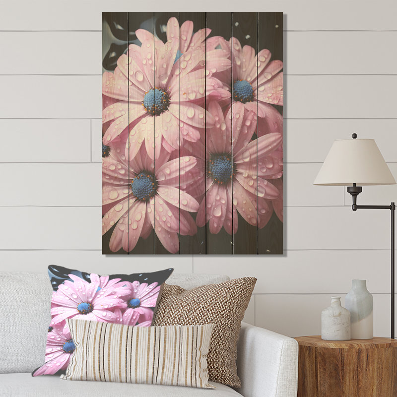 «Daisy Beauty» rose et bleue - marguerites sur bois, H 20 po x l 10 po